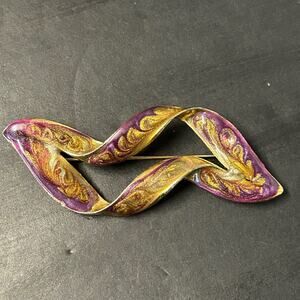 Vintage 1980's Gold Toned Purple Gold Swirled Enamel Ribbon Brooch